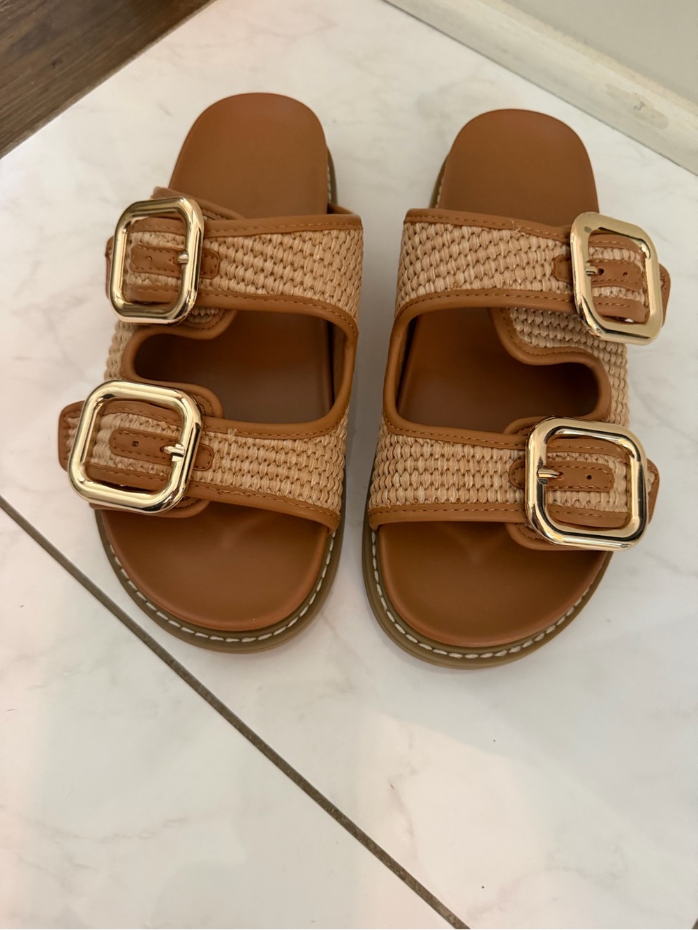 Double-Buckle Slide Sandals with Gold Buckles